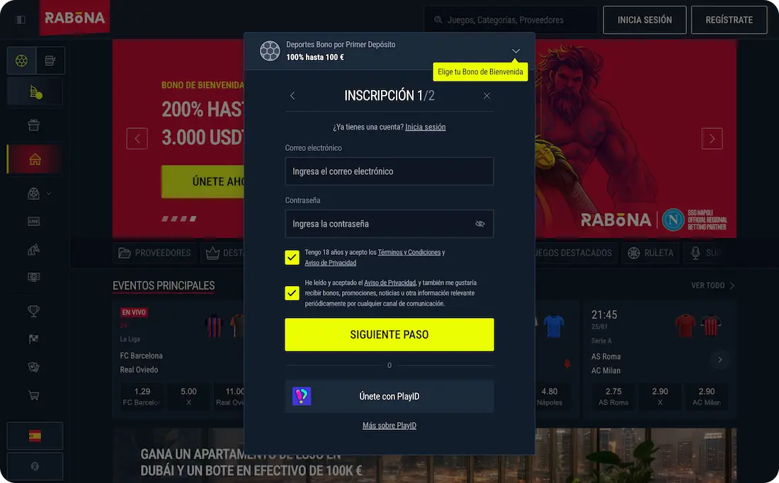 registro en el casino rabona